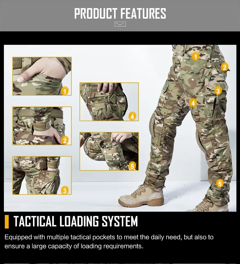 Multicam Hosen +Knieschoner Herren Taktische Kampf-Cargohosen Männer Tarnhosen Jagdbekleidung Schnelltrocknende Atmungsaktive Sporthosen – Detail 3