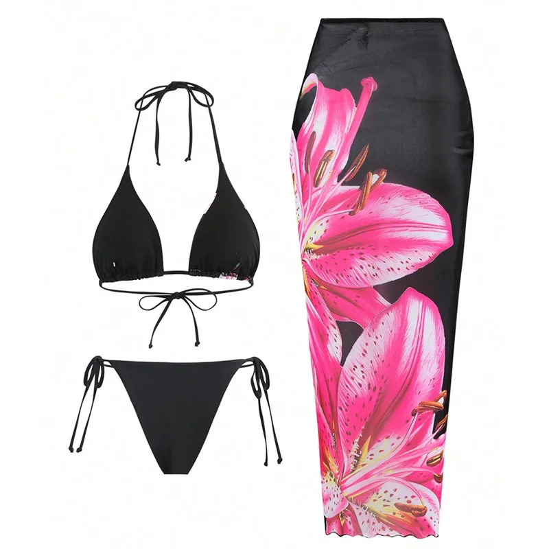 Nuevo bikini sexy estilo ins europeo y americano, vestido tropical estampado retro, traje de baño de tres piezas con cordones para playa