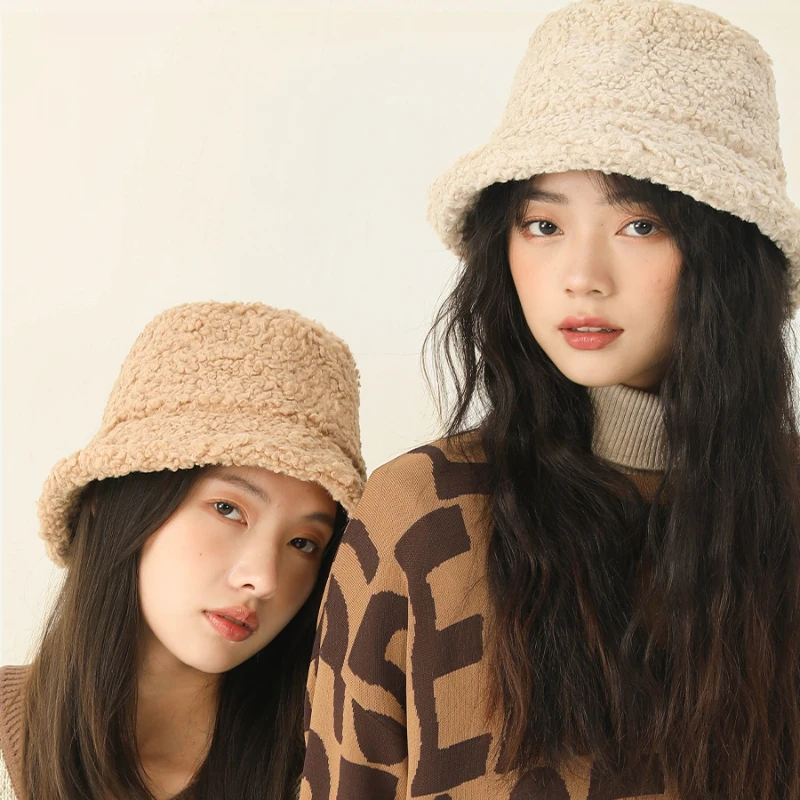 Winter Lamb Fleece Pot Hat for Men and Women Solid Color Warm and Cold Protection Teddy Plush Hat Bucket Hat  Panama Men