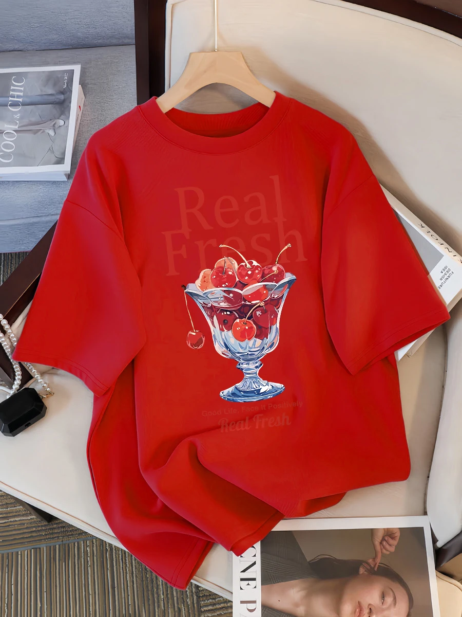 Real Fresh Cherry Fruit Cup Design Tee Shirts Female Comfortable  T Shirt Fashion Casual Clothes Soft Street Short Sleeve