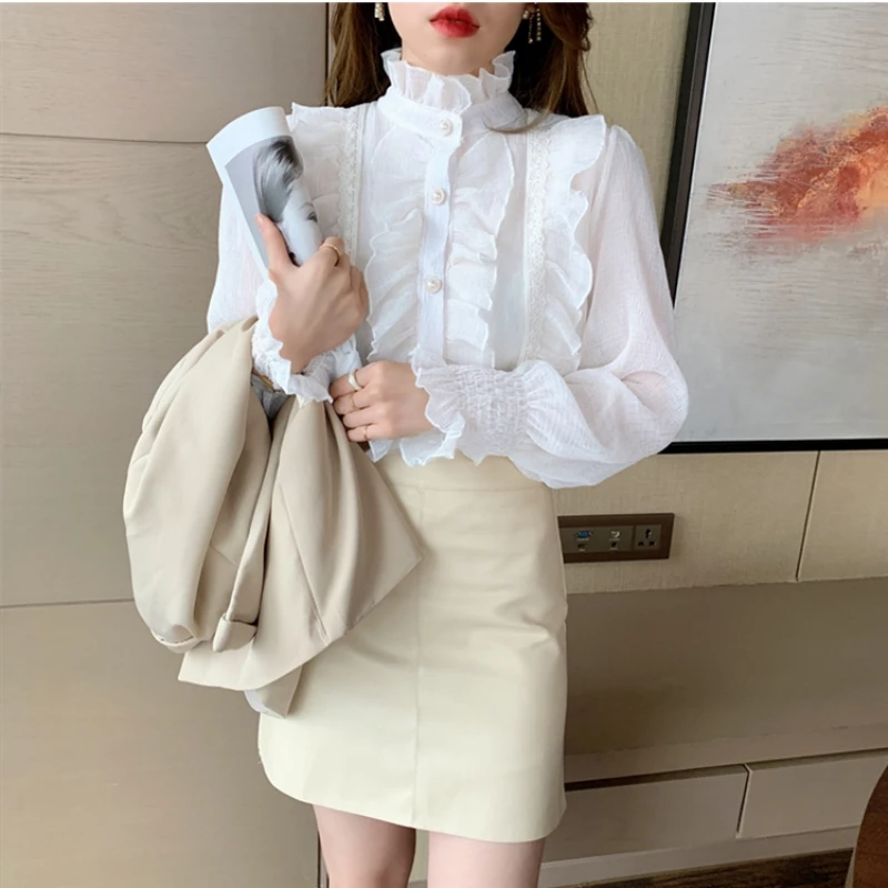 Korean Women Elegant Chiffon Shirt and Blouses Chic Long Sleeve Lace Ruffles Stand Collar Casual Loose White Tops Woman 13433