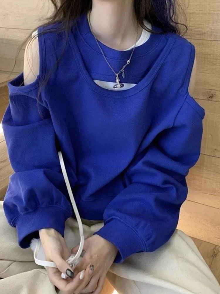 Deeptown Off Shoulder Round Neck Loose Solid Color Hollow Sweatshirts All-match Top Women Korean Style Pullover Autumn 2024