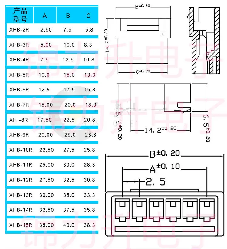 50 Stück XHB 2,54 mm verriegelbares Steckergehäuse für Kabel-zu-Kabel-Verbindungen, Buchsengehäuse 2P/3P/4P/5P/6P – Detail 1