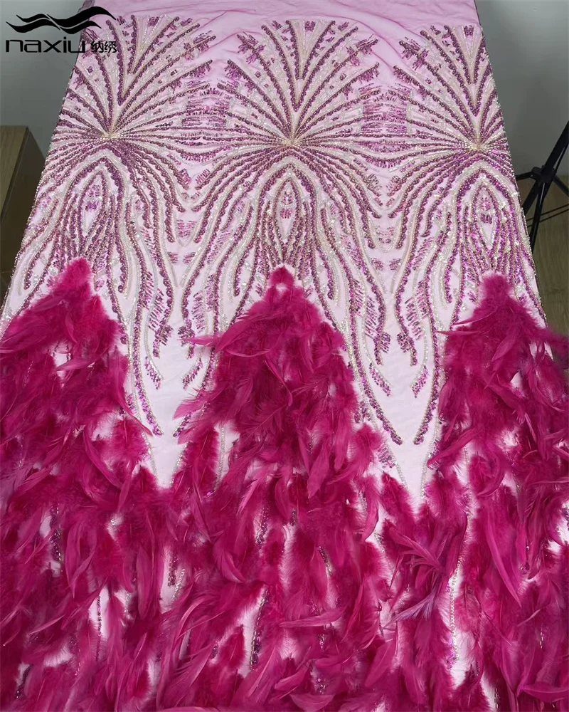 

Madison 3D Feather European Pink Luxury Bridal Wedding Dress Fabric 2026 France Nigeria Beaded Sequin Lace Fabric Wedding Women