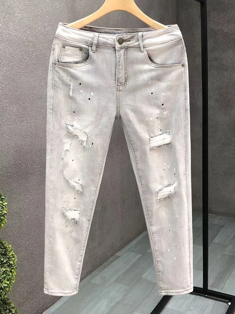 

Мужские джинсы Light Wa Ripped Denim: весенне-летние, зауженные, с узкими штанинами, высокой эластичностью, тонкие, длинные брюки в уличном стиле