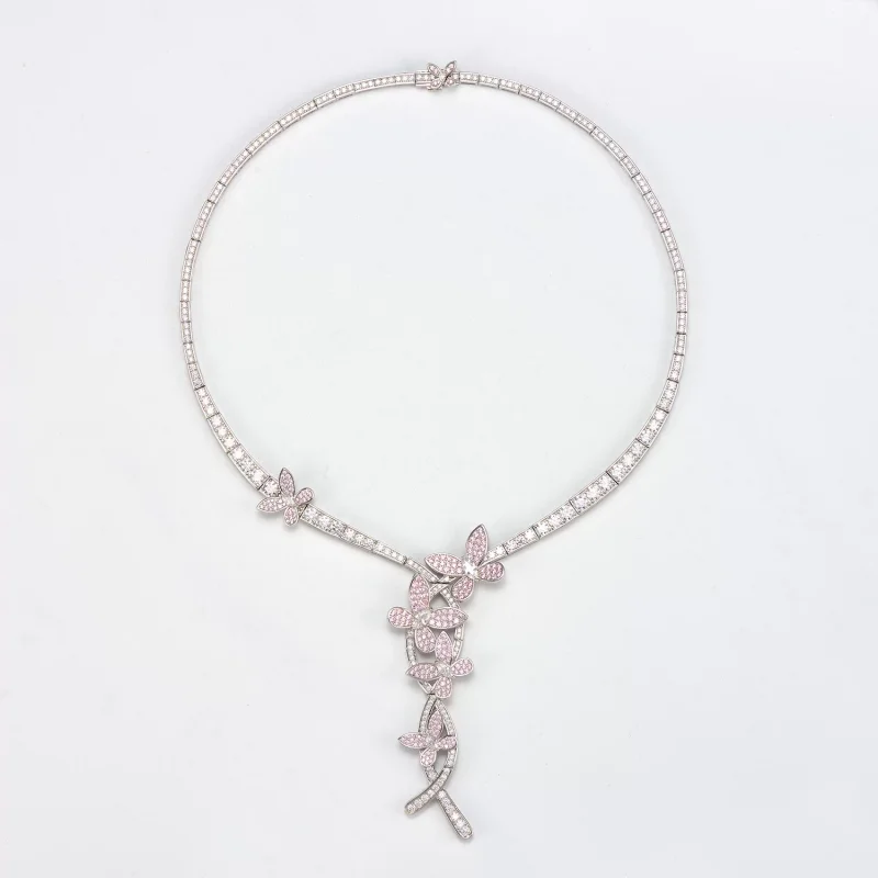 Cameo Pink Butterfly CZ Y Drop Necklace for Women 925 Silver White Gold Plated Cluster Pendant Wedding Party Statement Jewelry
