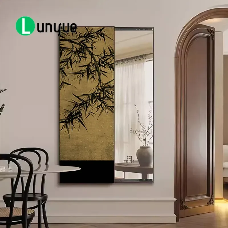 New Chinese Style Bamboo Ink Painting Hidden Sliding Full Body Mirror Wall Mounted Decorative Mirror for Bedroom Entrance