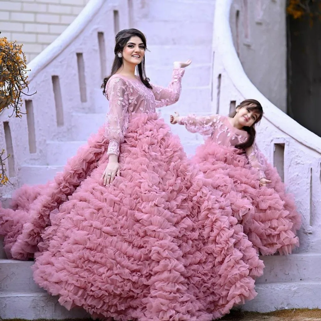 Motner and Doughter Matching Outfit Dusty Pink Applique Dress New Year Formal Party Photograph Prom Mesh Puffy Santa Claus Gowns