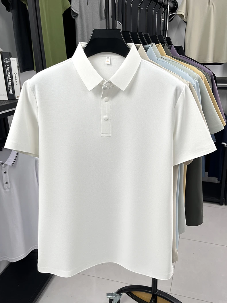 Hochwertiges Eisseide-Kurzarm-Poloshirt für Herren, klassisches einfarbiges, atmungsaktives Business-Casual-T-Shirt, neues Luxus-Oberteil für den Sommer. – Detail 11