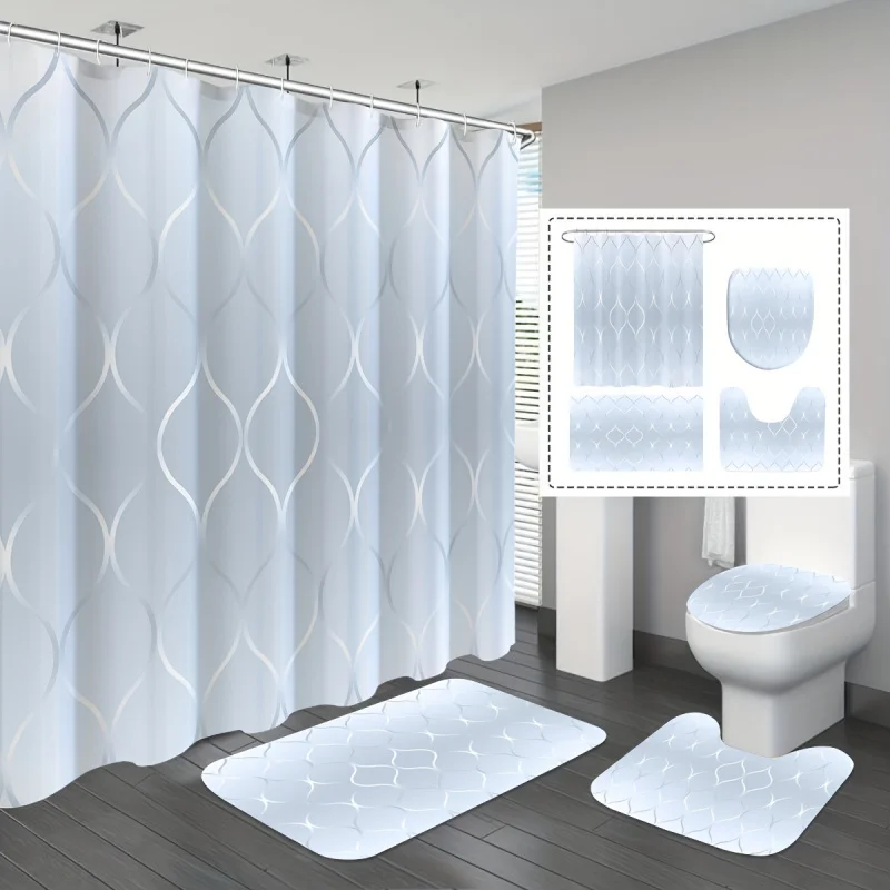 Elegant Geometric Gradient Shower Curtain Set with Bath Mat, U-Shaped Pad, and Toilet Lid Cover, Water-Resistant Polyester Bathr