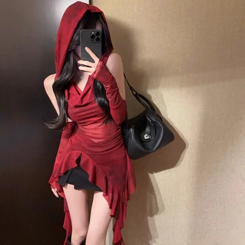 Red Mesh See Through Top Streetwear Hooded T-shirt Irregular Ruffle Oversleeve Tops for Women Sexy Y2k Clothing Halloween