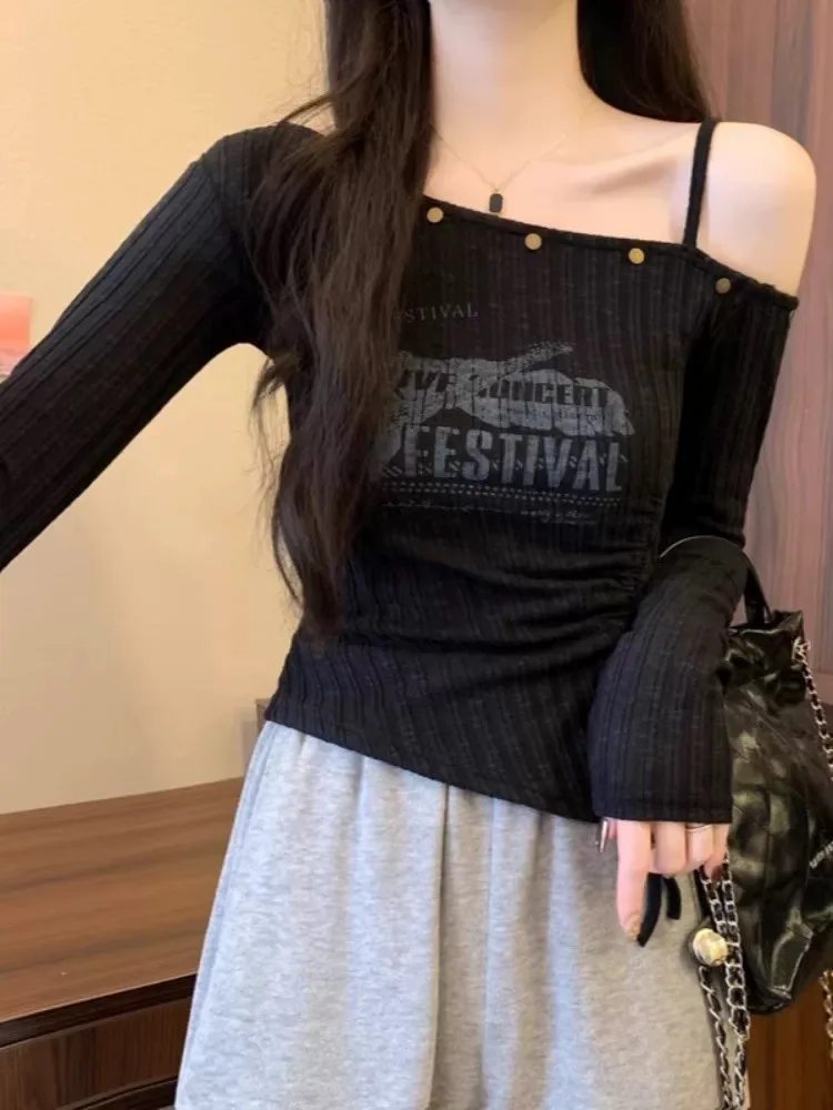 Sexy Long Sve oulder Bared Design Women's T-irt Spring 2025 Faionable Casual Wear Polyester Material Slim Fit