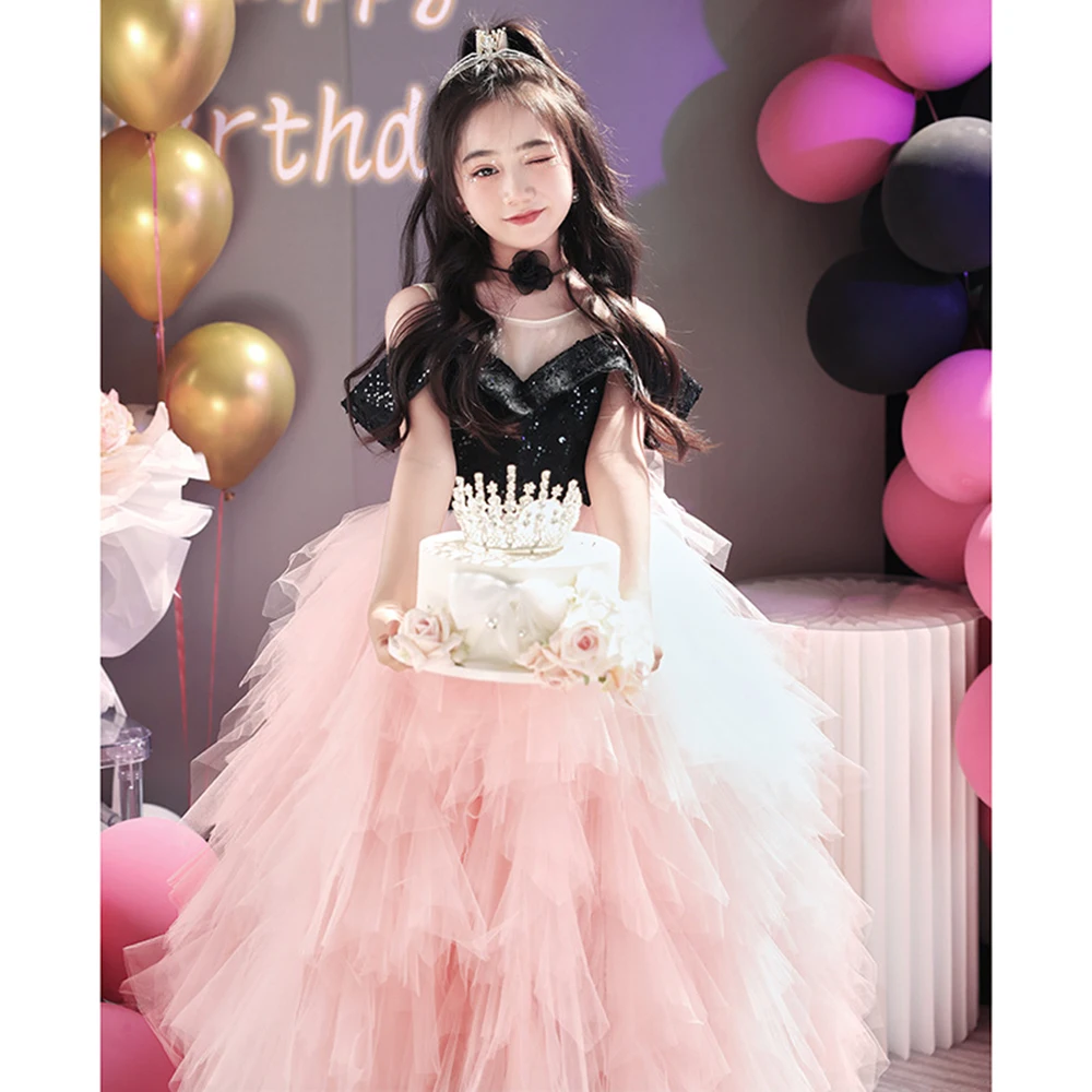 3-10T Girl's Light Luxury Birthdays Party Princess Dresses Children's Sequins Off Shoulder Piano Performances Puff Hem Gown