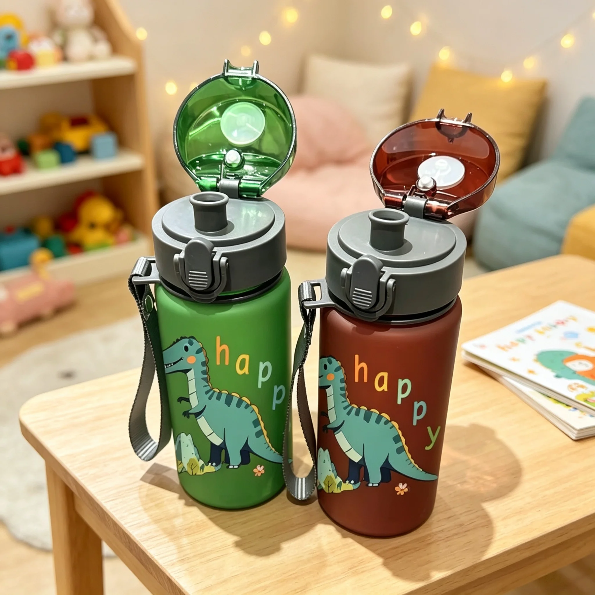 3D Printed Dinosaur Printed 400ML Water Bottle - PVC-Free, Leak-Proof, Matte Finish, Includes Straw & Carry Loop