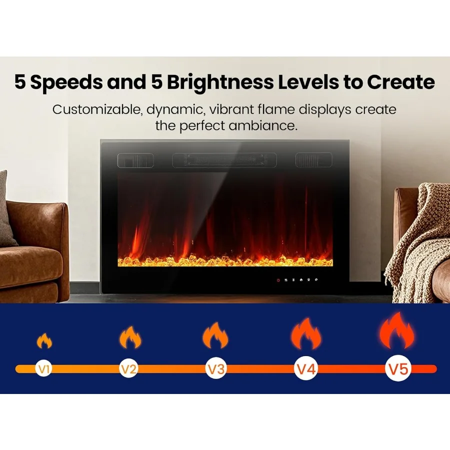 Inserto per camino elettrico a parete da 30 pollici con riscaldatore da incasso Capacità di riscaldamento di 1500 W Funzionamento con telecomando Slim Black Fr