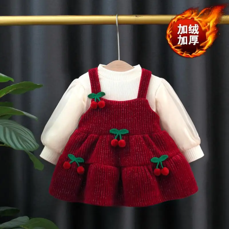 

Baby Girls Winter Clothing Set Sweet Cherry Print Dress + Sweater Velvet Warm Outfit Princess Birthday Party Kids Clothes 1-5Y