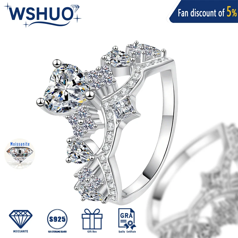 

WSHUO 1ct Heart-cut Moissanite Ring for Women Crown Wedding Ring S925 Sterling Silver Inlay Luxury Jewelry Diamond for Gifts
