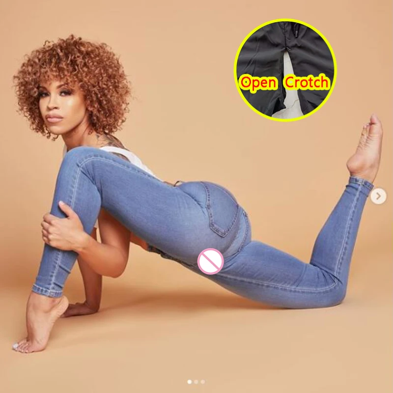 Woman Sexy Open Crotch Yoga Skinny Crotchless Jeans Pants Hide Zipper Couple Outdoor Sex Costume Dance Erotic Adult Panties