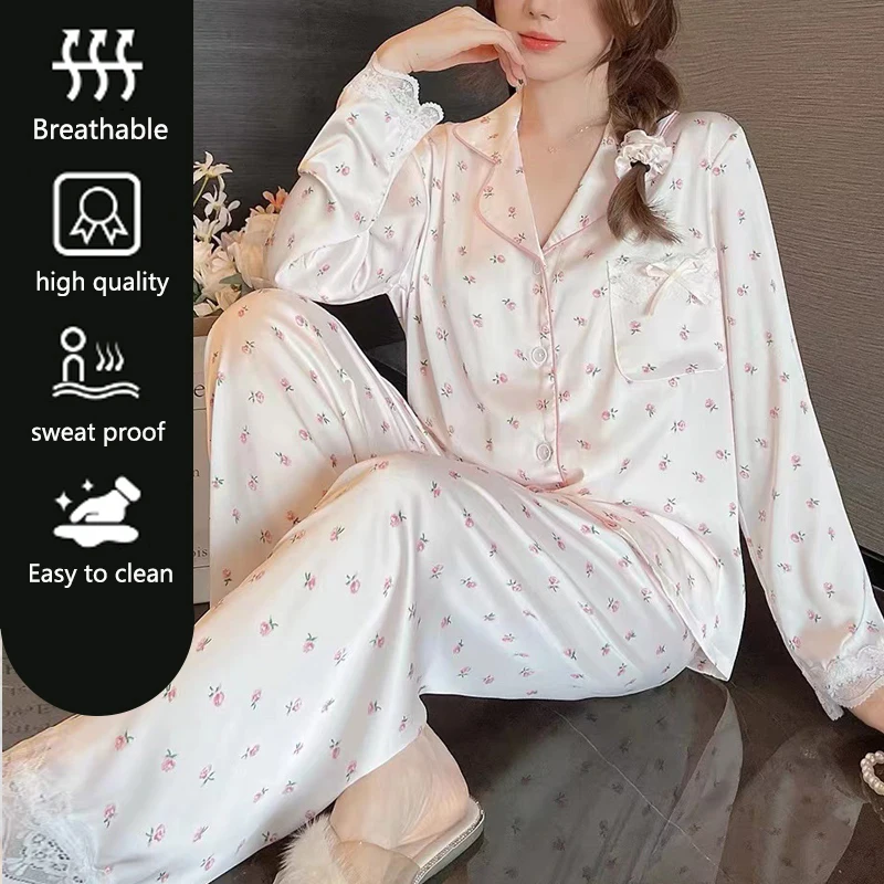 Women Pajamas Set Autumn and Winter Long-Sleeved Girl Homewear Cardigan Lapel Peach Pattern Ladies Silk Comfortable Sleepwear