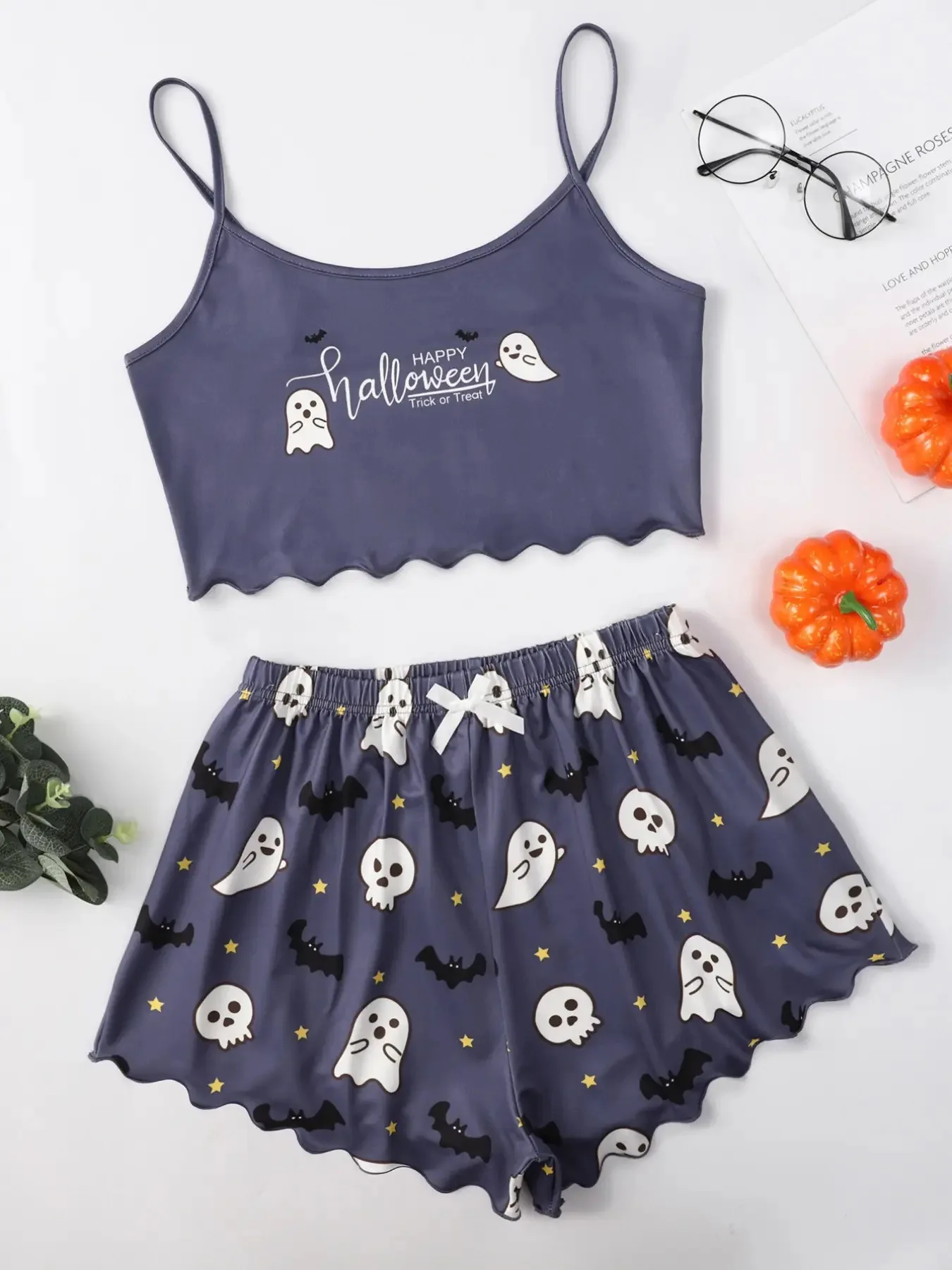 Halloween Devil Pumpkin Print Pajamas Set Women Short Sleeve Tops and Shorts Set Home Clothes Sleepwear Nightwear