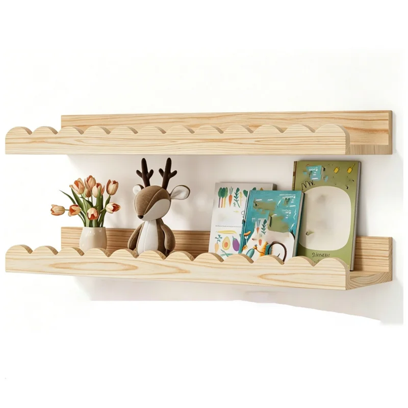 4Pcs Wooden Floating Shelves Wall Mounted Scalloped Wave Shape Decorative Ledges for Bedroom Living Room Wood Shelf Organizer
