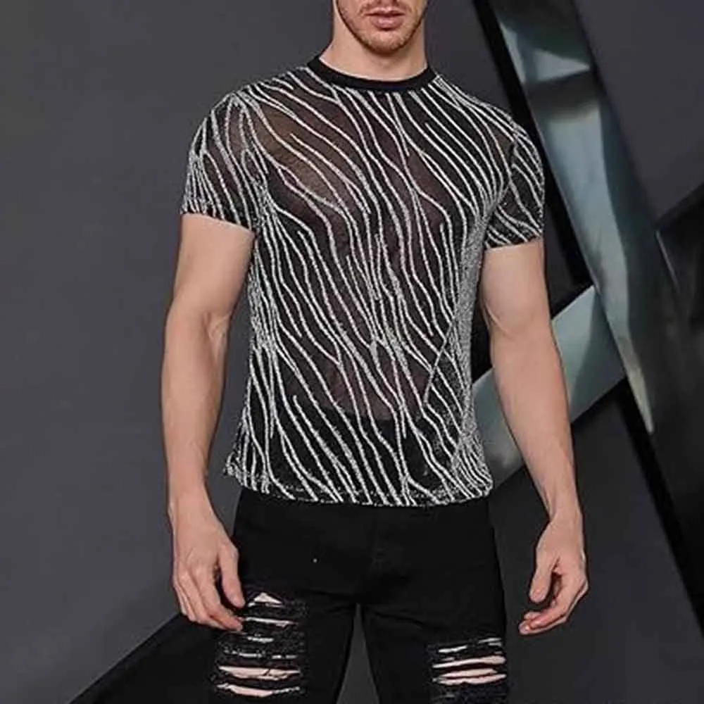 Summer New Male Sheer Short-Sleeve T-Shirt American Retro Sexy Fashion Trend High Street Loose Casual Breathable Niche Men's Top