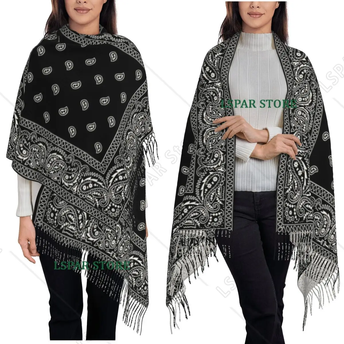 Colorful Paisley Black Pattern Scarf Tassel Scarves Women Soft Warm Shawls and Wraps Long Fall Winter Shawl Wrap