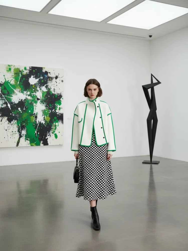 

Onecozyday 2025 Fashion Women's Coat Green Trim High Neck Buttoned Loose Jacket Autumn Winter Casual Woolen Coat Outerwears