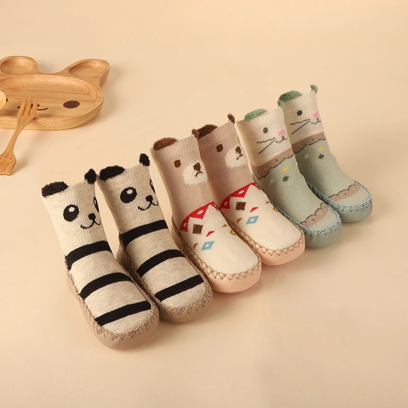 Chaussures de printemps épaisses pour bébés, chaussettes de sol pour tout-petits, chaussettes de pied drôles, non ald, renard, tigre