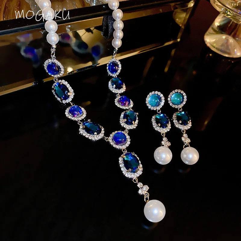 

MOGAKU Luxury Necklace Earrings Sets for Women Fashion Blue Glaze Crystal Imitation Pearls Wedding Jewelry Bridal Accessories