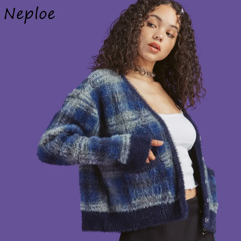 

Retro Mink Plaid V-neck Loose Sweater Women 2022 New Autumn Winter Cardigan Female Pockets Single Bresated Jacket Mujer