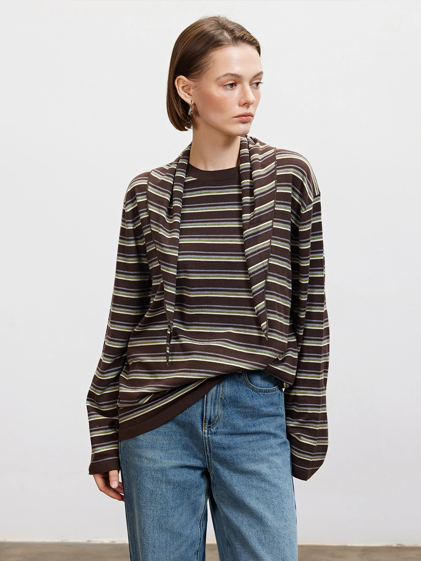 

Женская трикотажная футболка LUR Faion с круглым вырезом, в полоску, с длинным рукавом, повседневная, мягкая, из нейлона, с шарфом