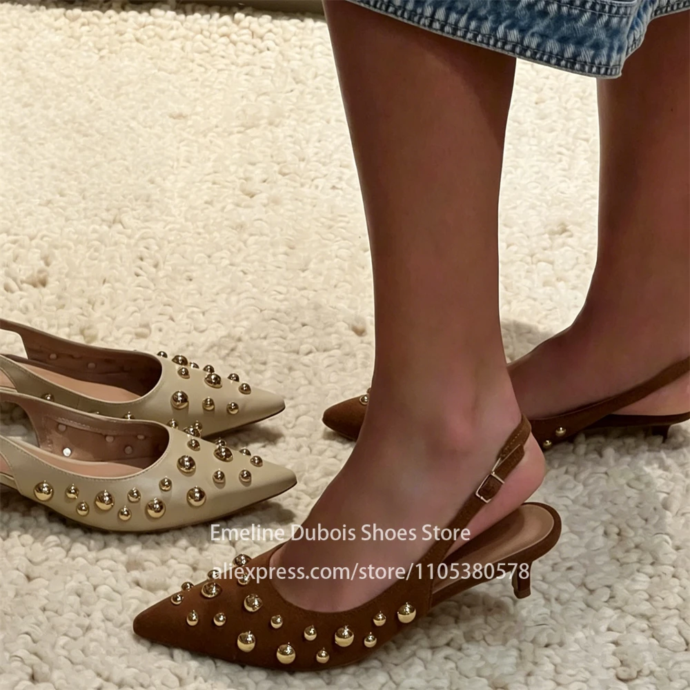 Metal Beaded Pointed Toe Slingback Kitten Heel Pumps Women Closed Slip on Mid Heel Pumps Backless Wedding Party Dress Shoes