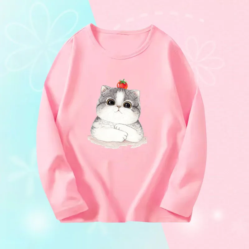 Cute Sweet Girl T-Shirt Cute Cat Print O Neck Top Children Casual Graphic T-Shirt 3~14 Years Girl Long Sleeve Tops