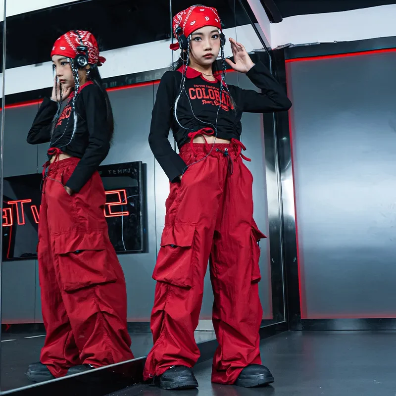 Hip-hop Rehearsal Clothes Spring and Autumn Black Long-sleeved Red Phat Trousers Suit Children's Korean Jazz Dance Clothes