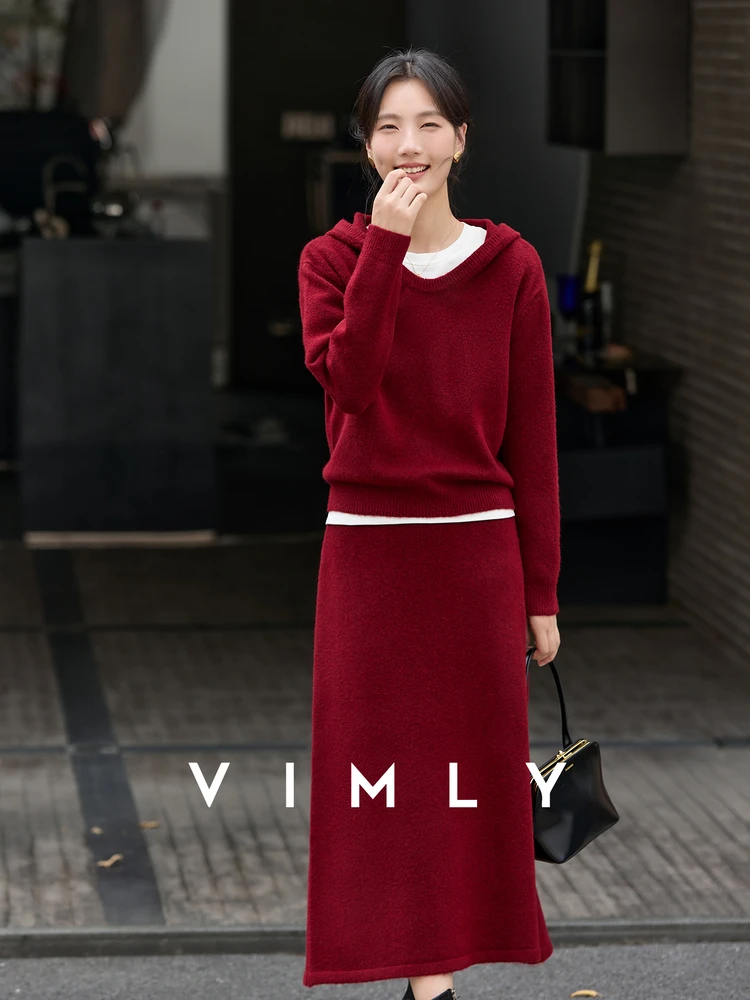 

VIMLY комплекты из 2 предметов с юбкой, женский наряд, осень 2025 г., красный вязаный топ с капюшоном, макси-юбки трапециевидной формы, женский повседневный комплект с юбкой, женский 75119