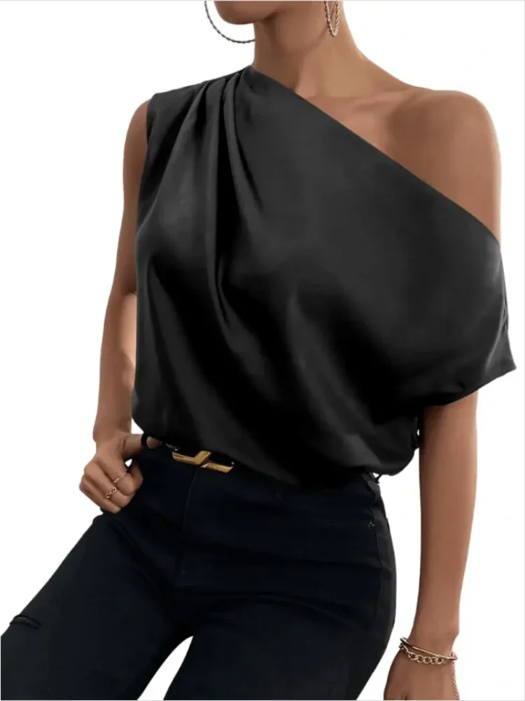 Krisnana 2024 New Summer Female Fashion Asymmetric Solid Color One-Shoulder T-Shirts Daily Causal Office Work Tops For Women