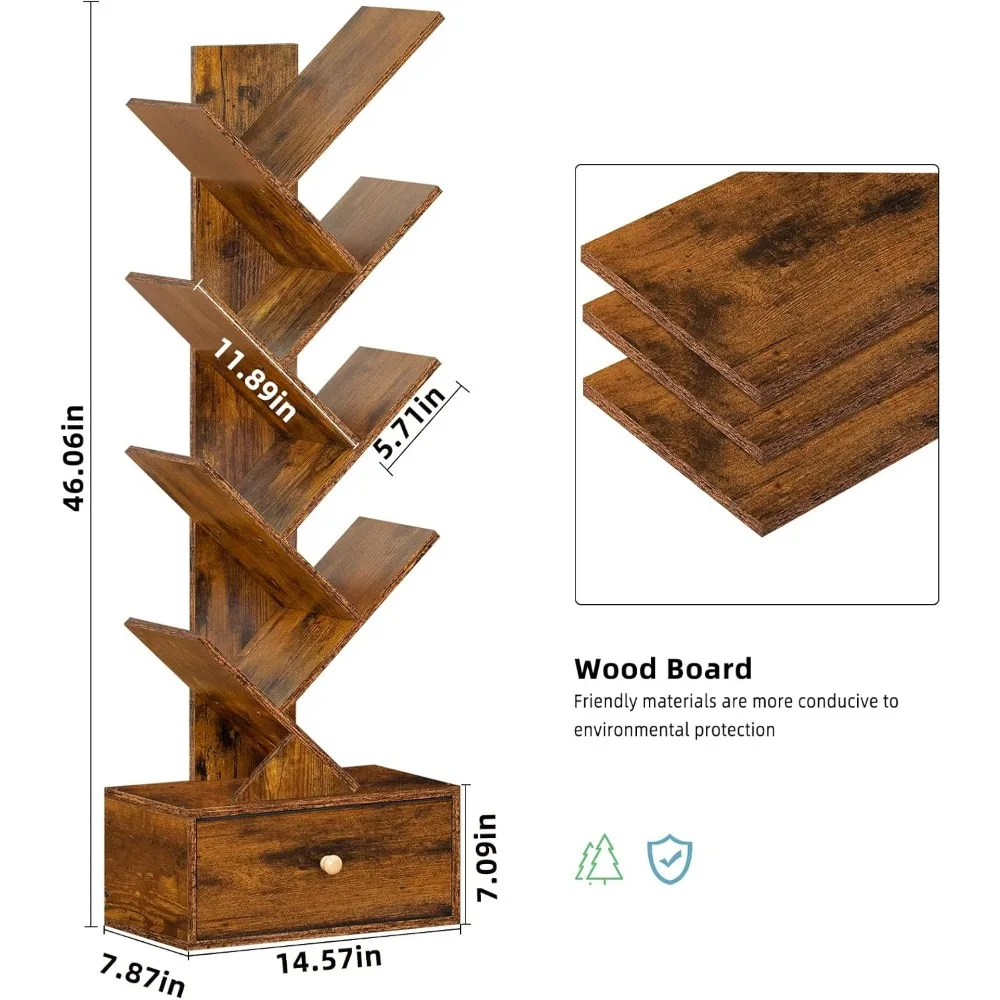رف كتب على شكل شجرة مع أدراج لتخزين الكتب ، أثاث مكتبة خشبي مستقل ، 8 طوابق