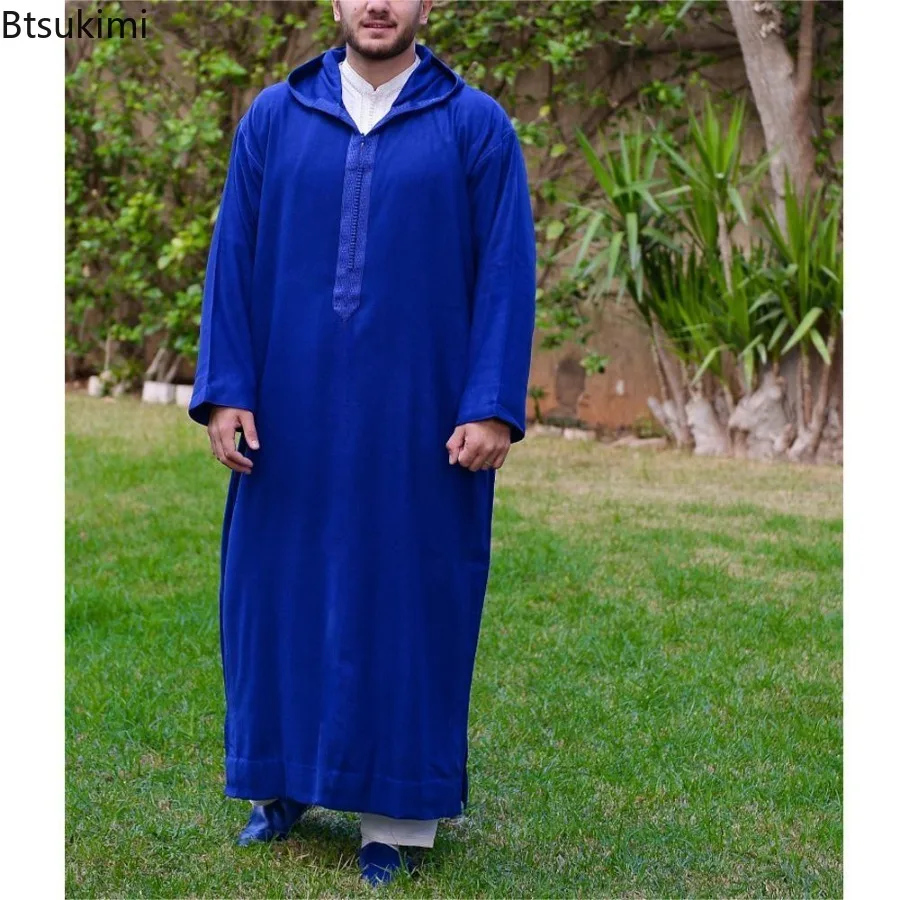 

2025 Muslim Men's Casual Jubba Thobe Fashion Abayas Middle East Ethnic Style Hooded Long Robes Pakistani Islamic Clothing Homme