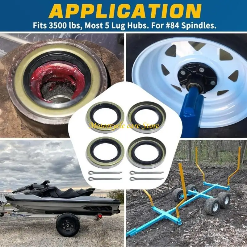 U75F Trailer Wheel Grease Seal Set with 4 Double-Lip Pieces, Rubber Sealing Lips and Spring-Steel Frames for Assembly