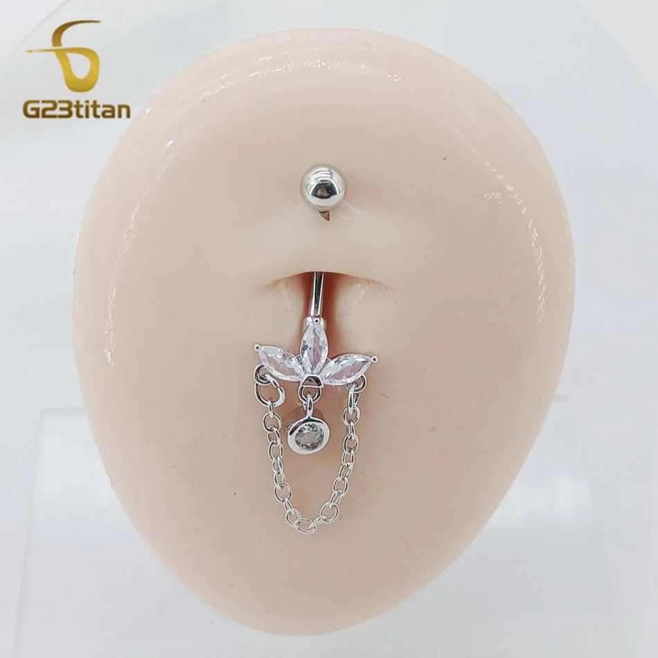 Boho Lotus Flower Belly Ring Dangling Chain CZ 14G Titanium Navel Piercing Jewelry Women Summer Crop Top Accessory Silver Color