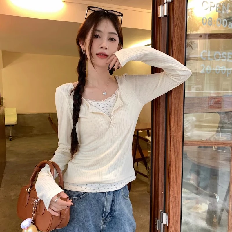 

Floral Fake Two Pieces T-shirts Women Autumn and Winter Slim Office Lady Long-sleeved Tops Korean Style Versatile Blouse Female