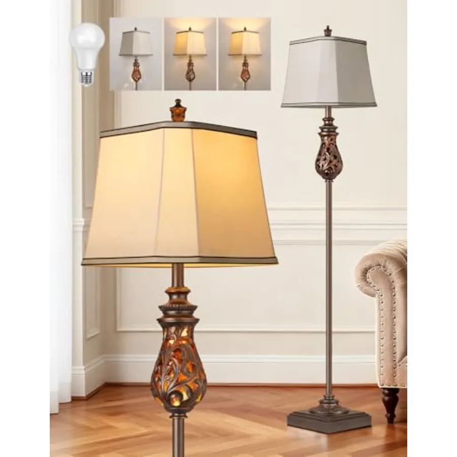 

64'' Vintage Floor Lamp with Nightlight Rustic Farmhouse Tall Standing Lamp with Rotary Switch and Beige Faux Silk Shade for Li