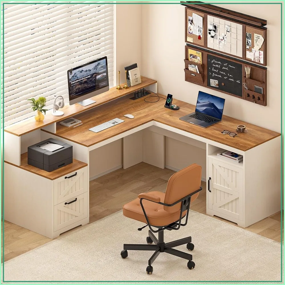 L Shaped Computer Desk with Drawers & Printer Shelf for Home Office, Farmhouse