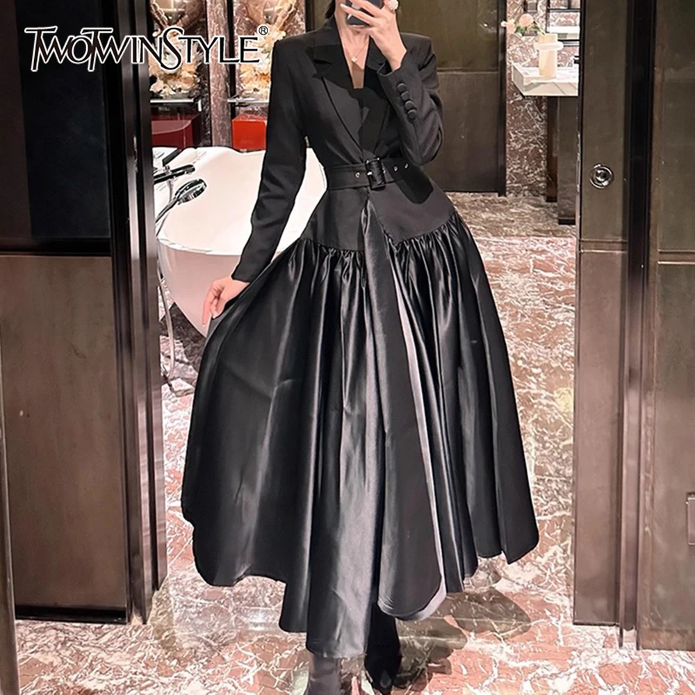 

TWOTWINSTYLE однотонное шикарное платье с поясом, женское офисное женское длинное платье с лацканами и длинными рукавами, летний стиль, модная новинка