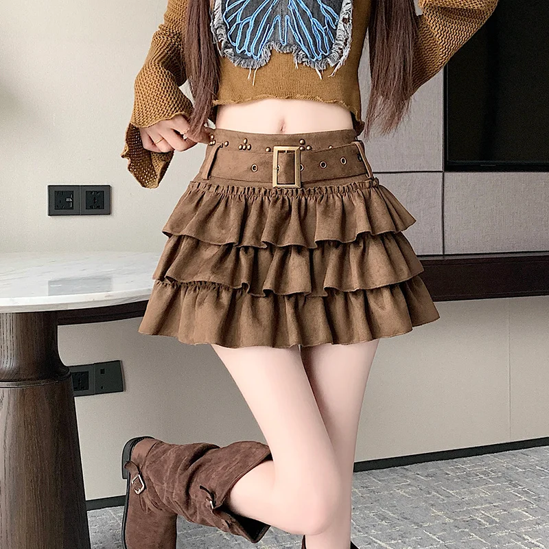 2026 New Women American Hot Girl Faux Suede Cake Skirt High Waist Belt Rivet Multi Layer Ruffle Mini Skirt