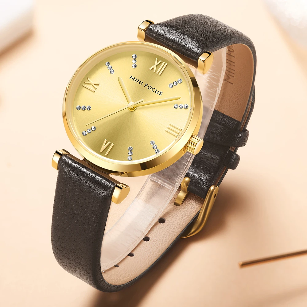 MINI FOCUS MF0335L Elegant Women Watch White Genuine Leather Strap Waterproof Ladies Dress Quartz Watches