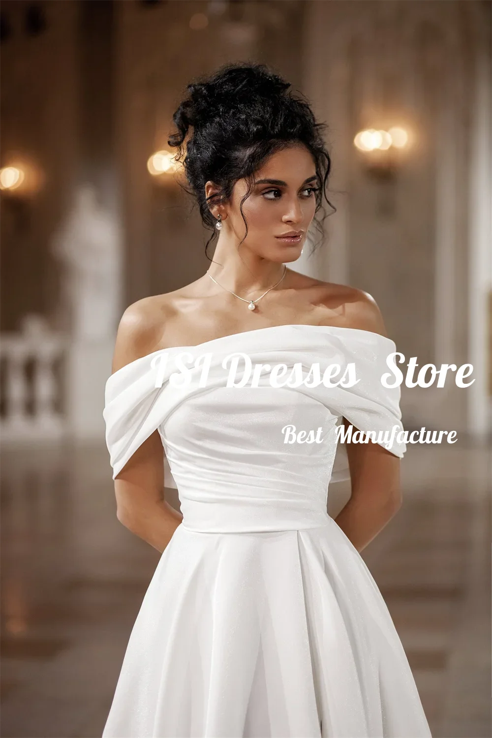

ISI Customized Off Shoulder Wedding Dress Slit A Line Satin Bridal Gown Elegant Floor Length Bridal Dress for Formal Bride 2026