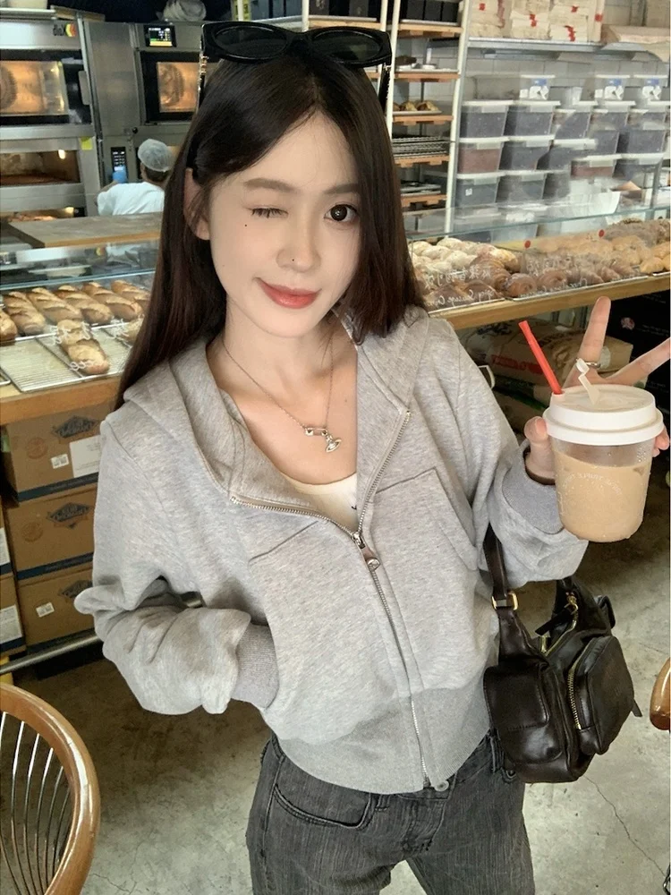 

Стильная серая толстовка с капюшоном на молнии и длинными рукавами для женщин, новая модель весна-осень, укороченная свободная куртка-оверсайз малого размера