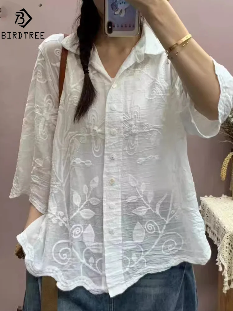 New Summer Cotton Half Sleeve Shirt Turn-down Collar Embroidery Tops Girl Casual Loose Fashion OL Blouse 2024 Autumn T47136QM